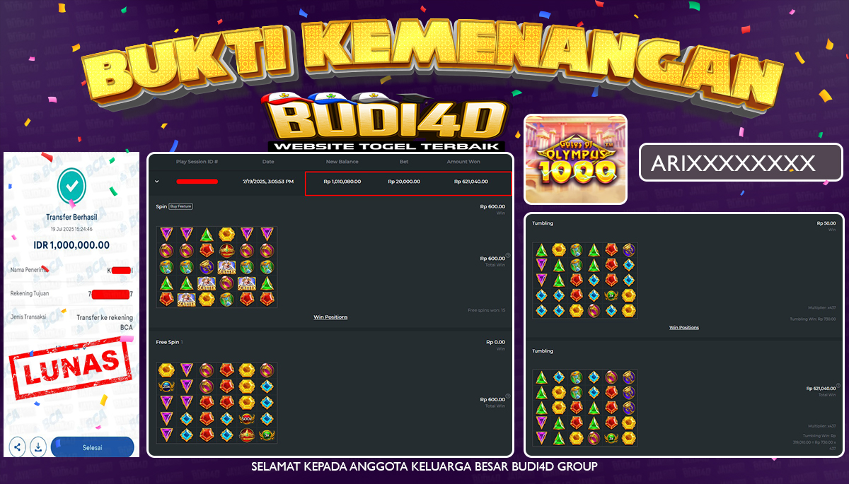 BUDI4D JACKPOT SLOT PRAGMATIC GATES OF OLYMPUS 1000 Rp.1.000.000,- LUNAS